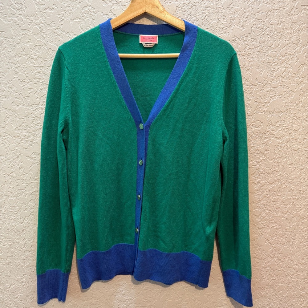 Kate Spade Colorblock Wool Blend Cardigan Medium Green Blue Preppy NJM00244 - Picture 2 of 7